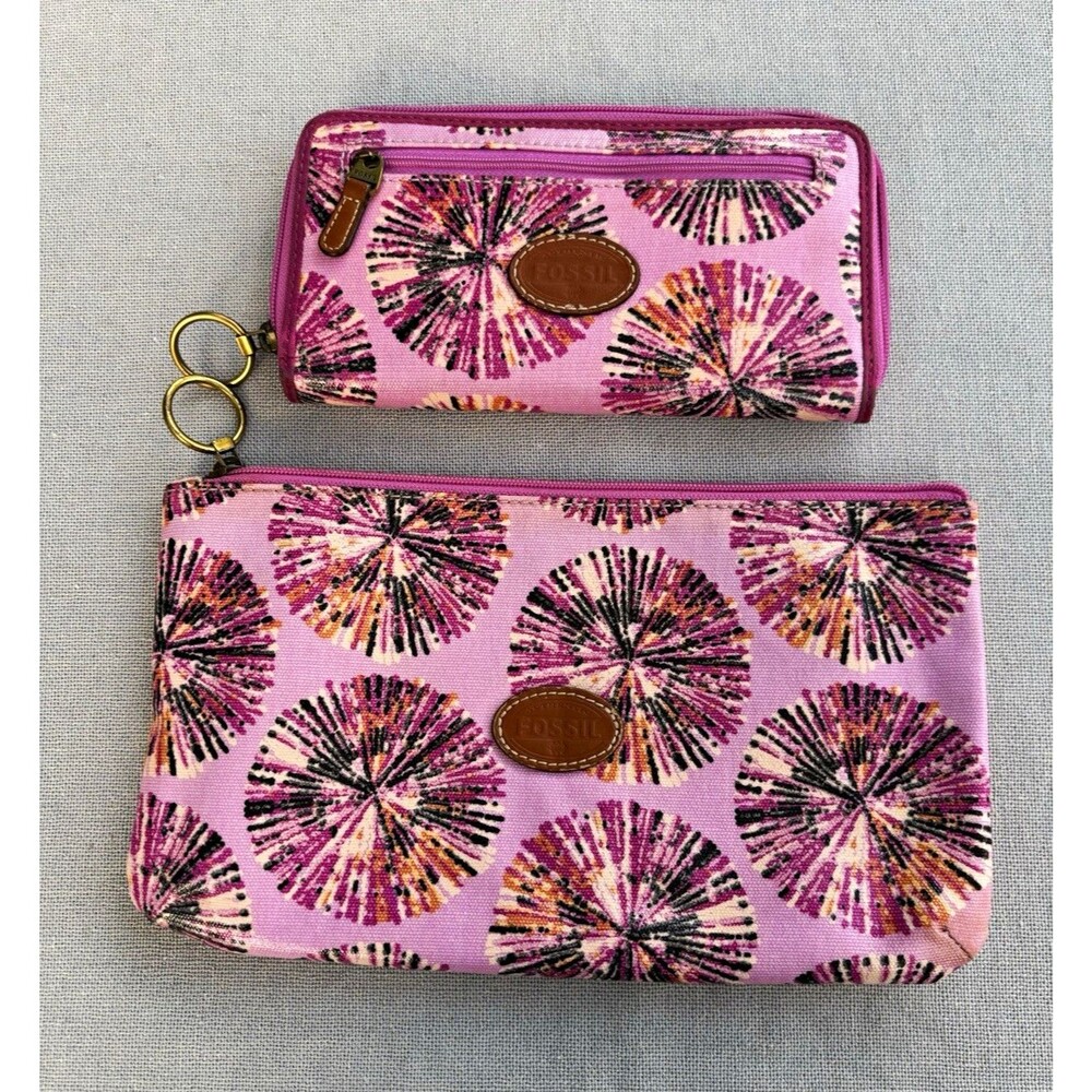 Fossil Pink Geometric Zip-Around Wallet w/ Matching Zip Pouch Credit Card
